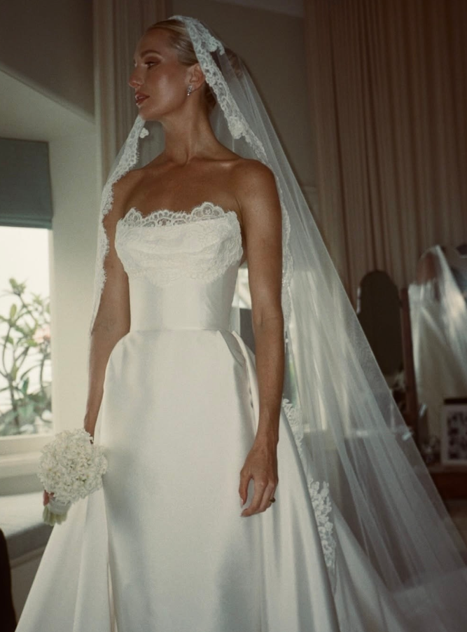 Stunning Ball Gown Strapless White Lace Satin Long Wedding Dress SH4695