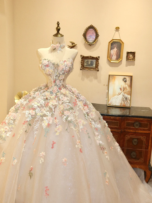 Gorgeous Ball Gown Sweetheart Neck Appliques Floral Tulle Prom Dress Evening Dress Date Dress SH3675
