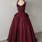 Vintage Burgundy Halter Beaded Satin Long Prom Dress Party Dress SH5531