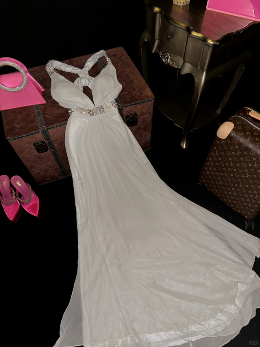 Classy A Line Halter Rhinestone White Chiffon Satin Prom Dress Party Dress SH3163