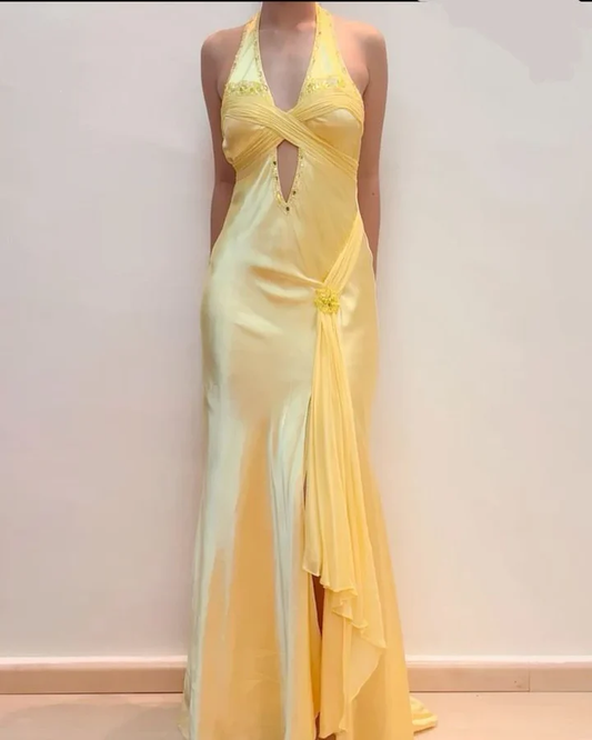 Vintage Mermaid Halter Beaded Yellow Chiffon Satin Evening Dress Party Dress SH2691