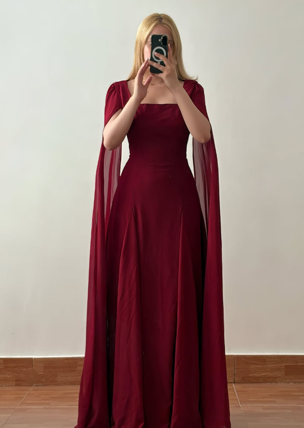 Ethereal Burgundy A Line Long Sleeve Chiffon Long Prom Dress Evening Dress SH6829