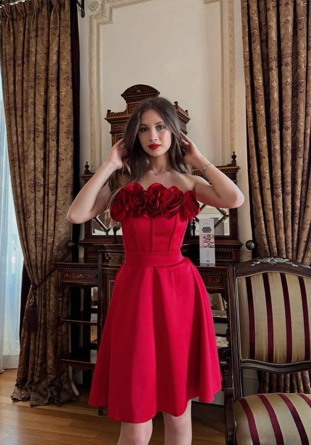 Red A Line Strapless Floral Satin Short Homecoming Dress Party Dress SH4839