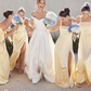 Cute A Line Spaghetti Strap Yellow Satin Evening Dress Bridesmaid Dress with Slit SH2701