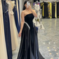 Pretty Black A Line Strapless Beaded Velvet Satin Long Prom Dress Wedding Guest Dress SH5408