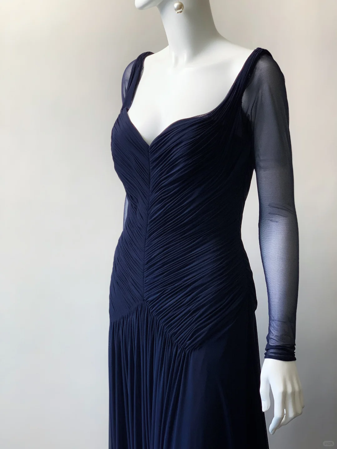Navy Blue A Line Long Sleeve Tulle Prom Dress Evening Dress SH5131