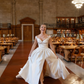 Simple A Line V Neck White Satin Prom Dress Wedding Dress with Slit SH4661