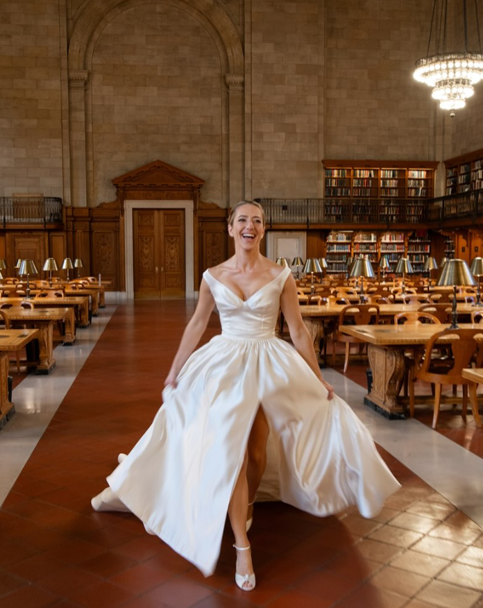 Simple A Line V Neck White Satin Prom Dress Wedding Dress with Slit SH4661