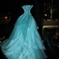 Classy A Line Strapless Beaded Layered Blue Organza Prom Dress Evening Dress SH3078