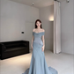 Unique Blue Mermaid Off the Shoulder Chiffon Satin Long Prom Dress Evening Dress SH7703