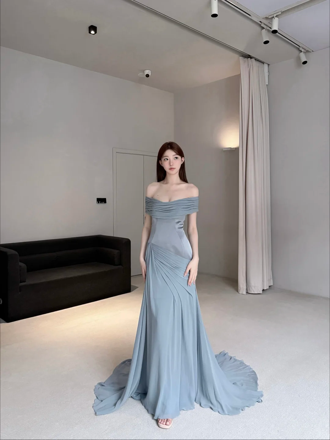 Unique Blue Mermaid Off the Shoulder Chiffon Satin Long Prom Dress Evening Dress SH7703