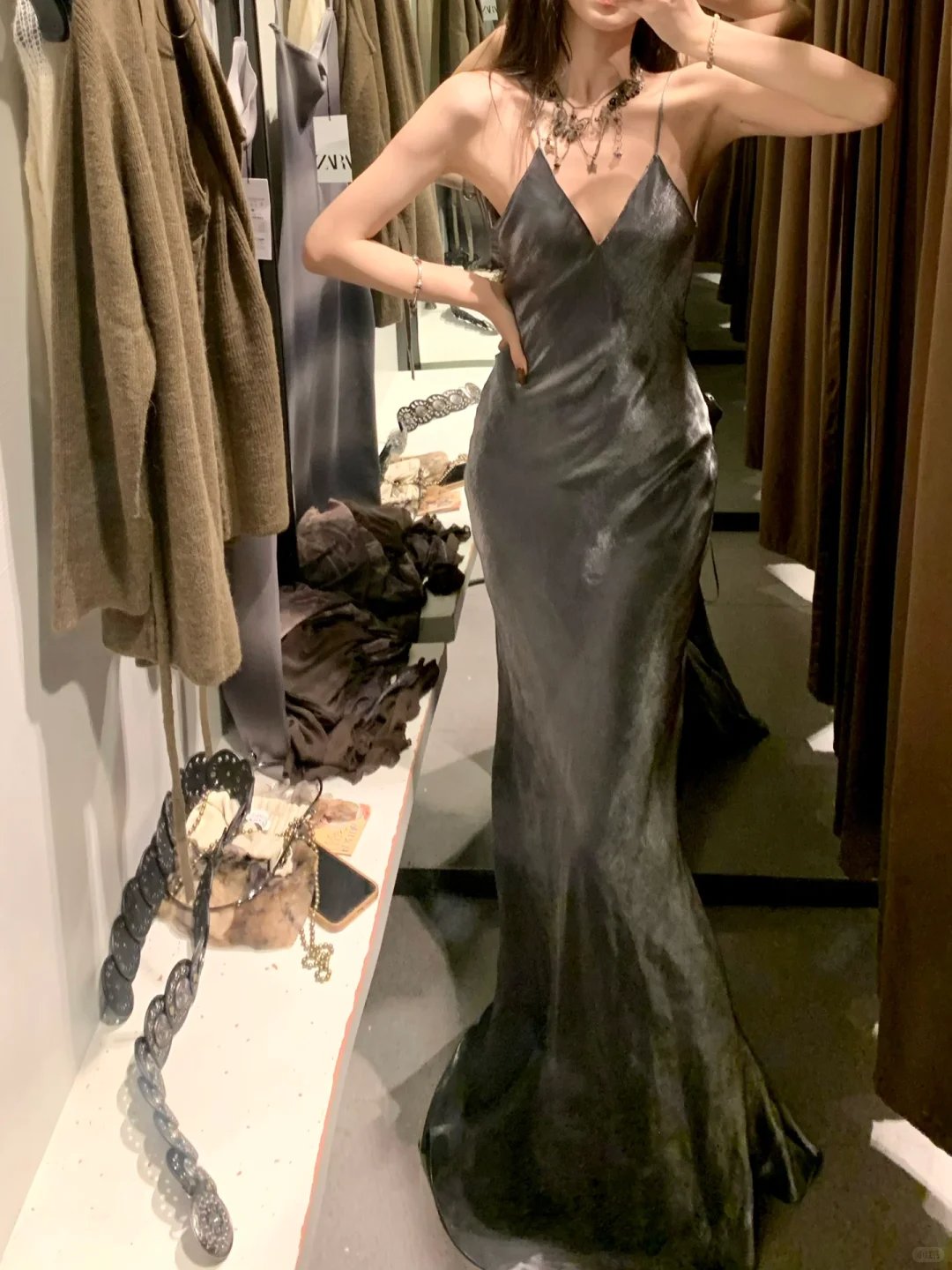 Grey Mermaid Spaghetti Straps Simple Satin Long Prom Dress Party Dress SH5019