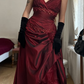 Vintage A Line Straps Appliques Burgundy Satin Prom Dress Evening Dress SH6072