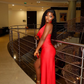 Sexy Sheath Halter V Neck Red Satin Prom Dress Evening Dress with Slit SH2354