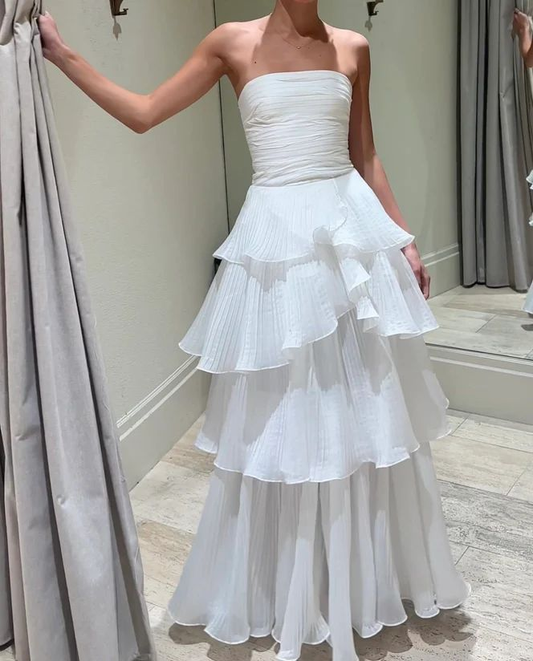 White Strapless Multi-layer Evening Dress Long White Prom Dress SH1367