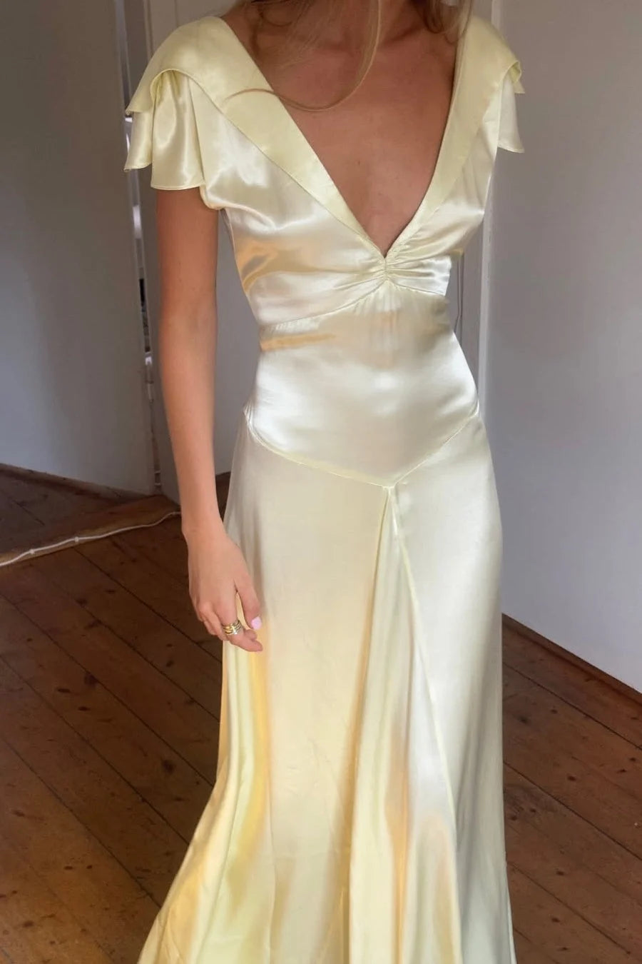 Charming A Line Deep V Neck Light Yellow Long Prom Dress with Open Back SH7781