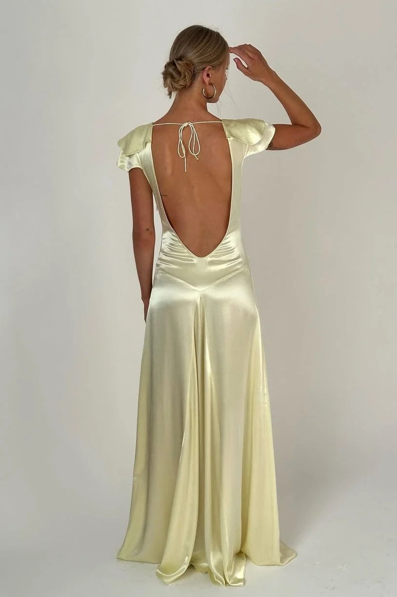 Charming A Line Deep V Neck Light Yellow Long Prom Dress with Open Back SH7781