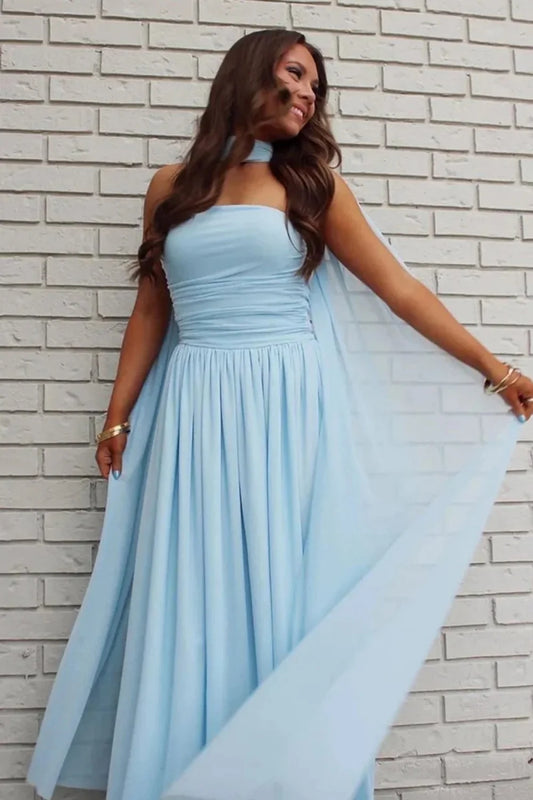 Elegant A Line Strapless Light Blue Long Prom Dress with Scarf SH8145