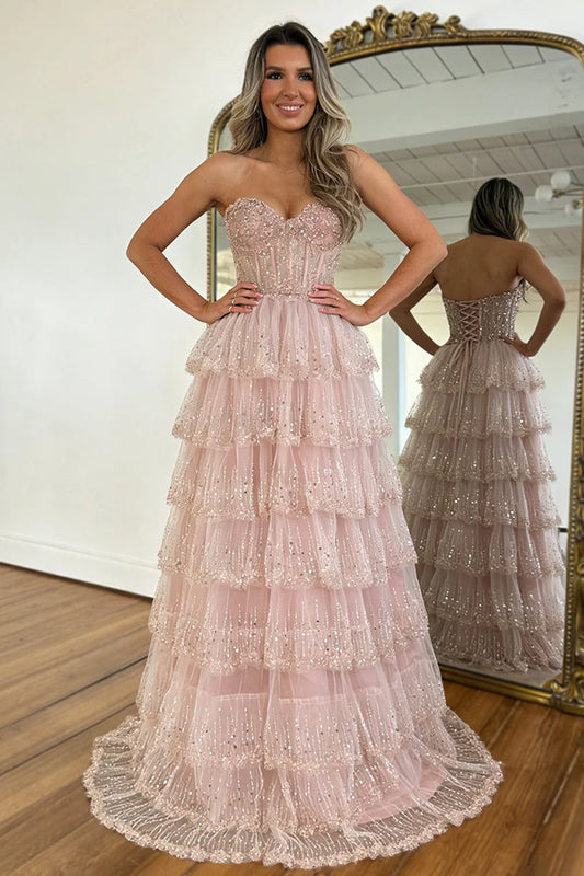 Gorgeous A Line Sweetheart Blush Pink Lace Up Tiered Tulle Prom Dress with Sparkle SH8091