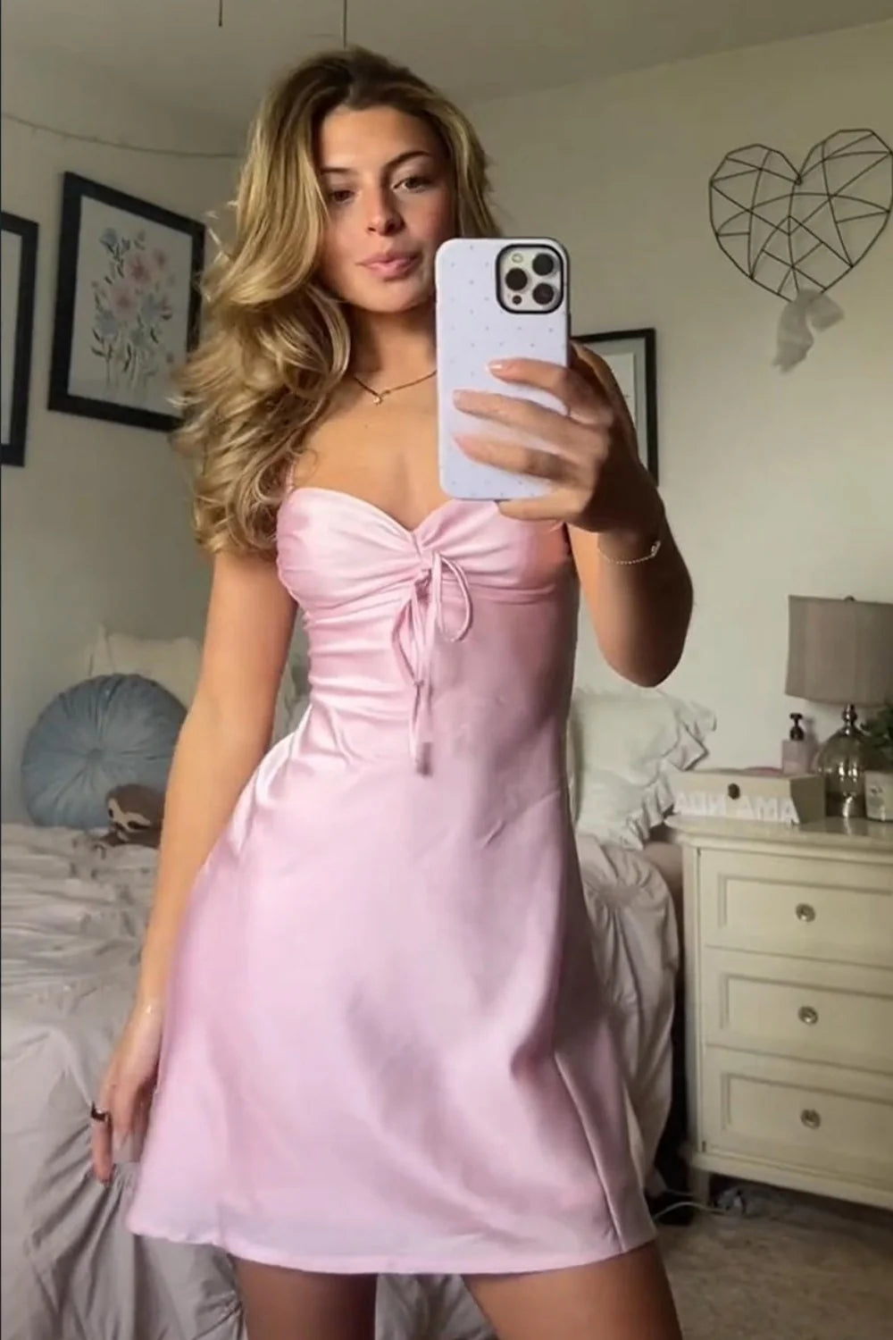 Elegant Pink Satin Strapless Homecoming Dress with Bow Front Mini Dress SH7889
