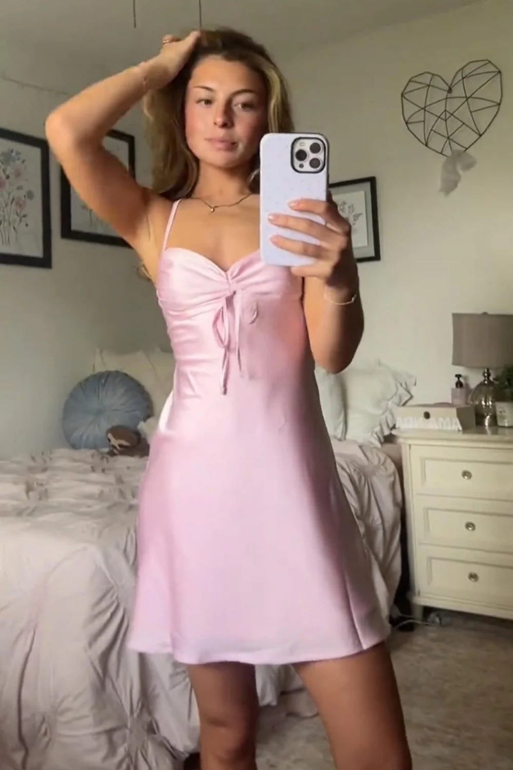 Elegant Pink Satin Strapless Homecoming Dress with Bow Front Mini Dress SH7889