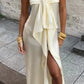 Trendy Sheath Strapless Ivory Satin Long Prom Dress with High Slit & Ruffle Layers SH7625