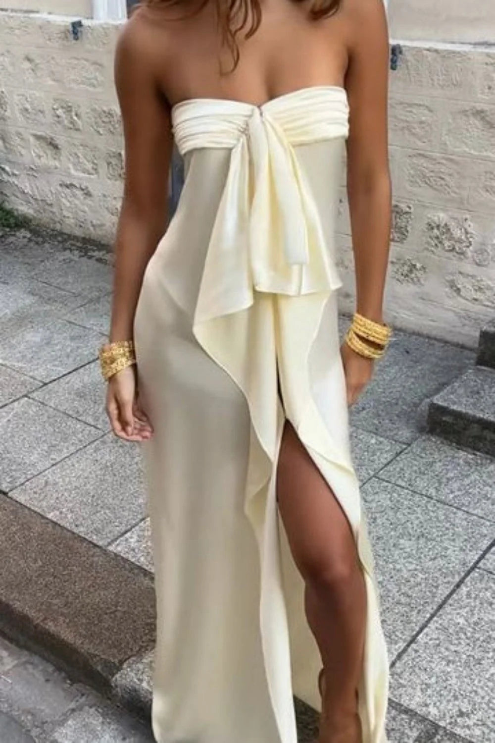 Trendy Sheath Strapless Ivory Satin Long Prom Dress with High Slit & Ruffle Layers SH7625