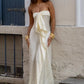 Trendy Sheath Strapless Ivory Satin Long Prom Dress with High Slit & Ruffle Layers SH7625