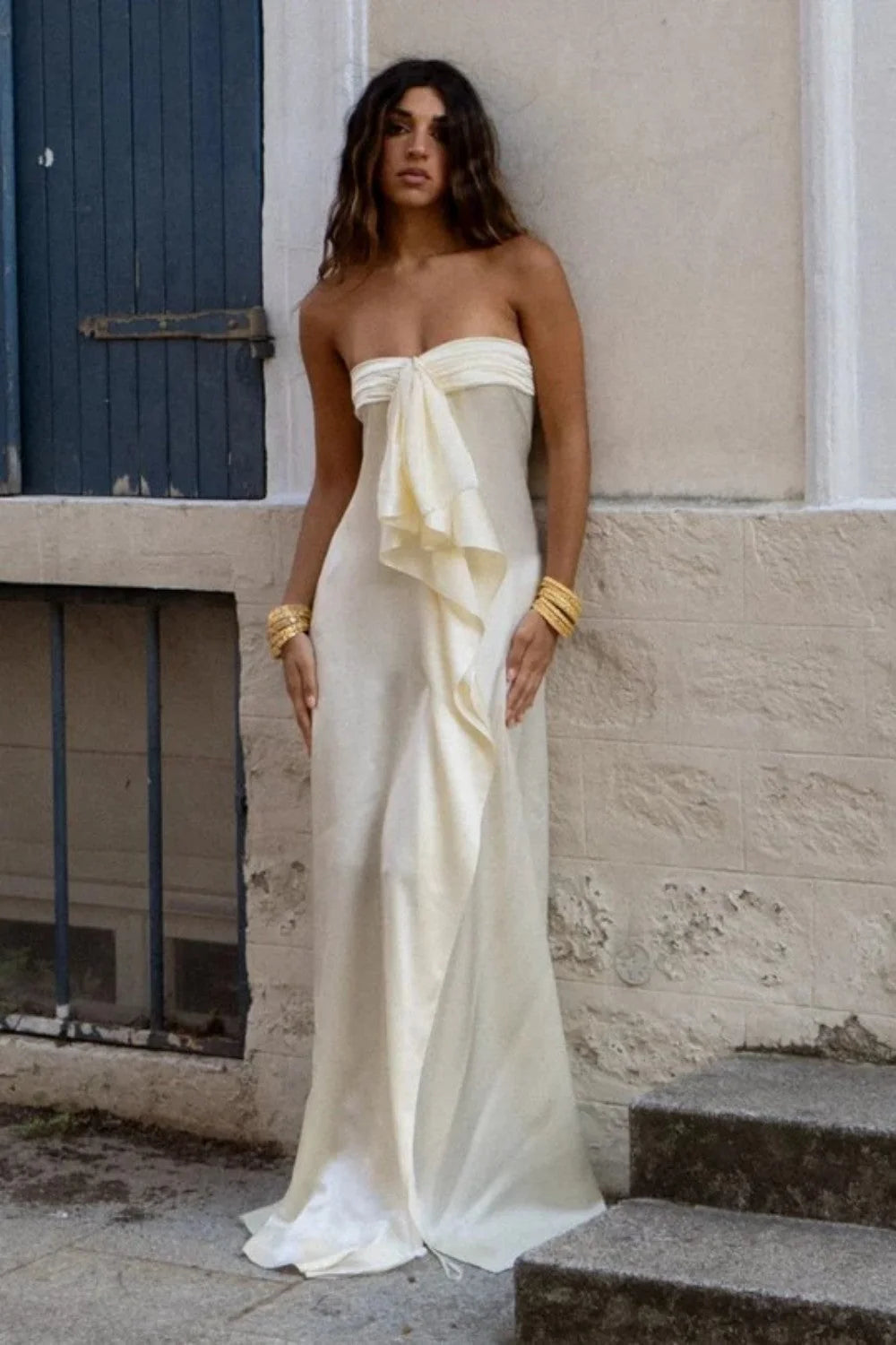 Trendy Sheath Strapless Ivory Satin Long Prom Dress with High Slit & Ruffle Layers SH7625