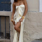 Trendy Sheath Strapless Ivory Satin Long Prom Dress with High Slit & Ruffle Layers SH7625
