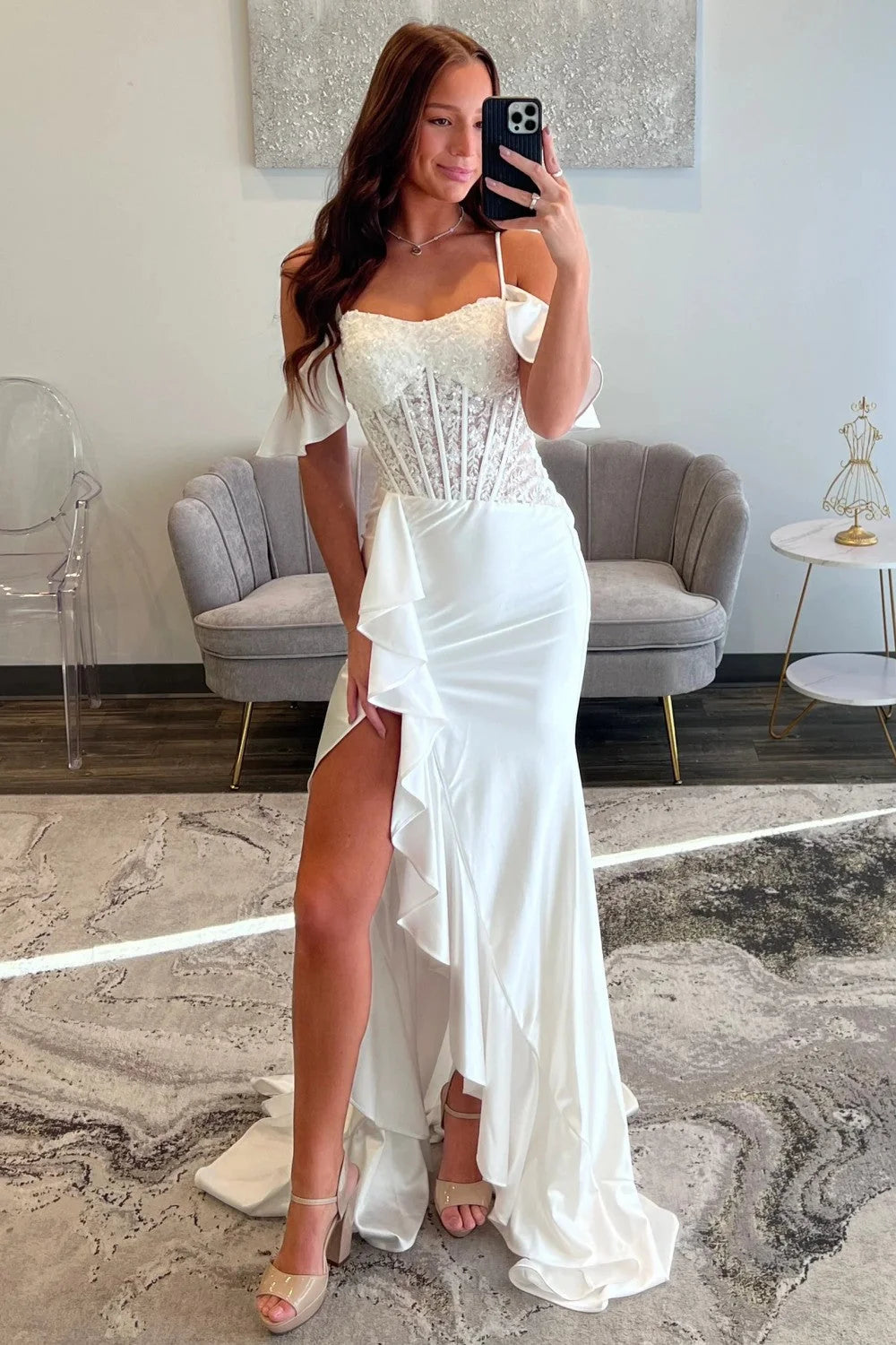 Beautiful Mermaid Off the Shoulder White Corset Prom Dress with Appliques Ruffles SH8137