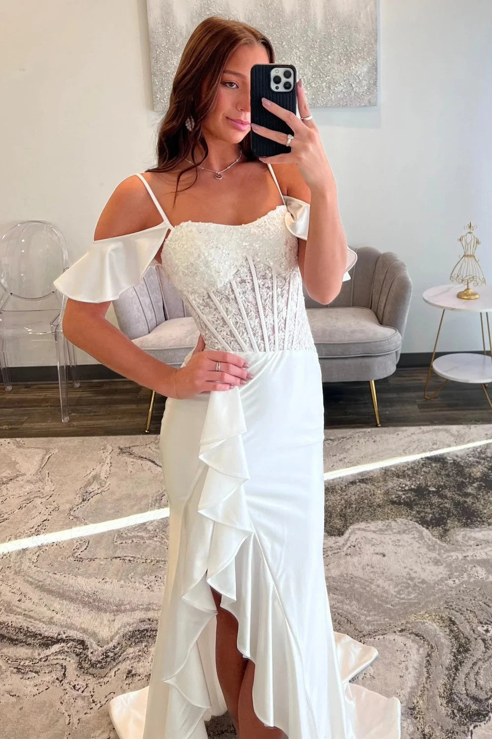 Beautiful Mermaid Off the Shoulder White Corset Prom Dress with Appliques Ruffles SH8137