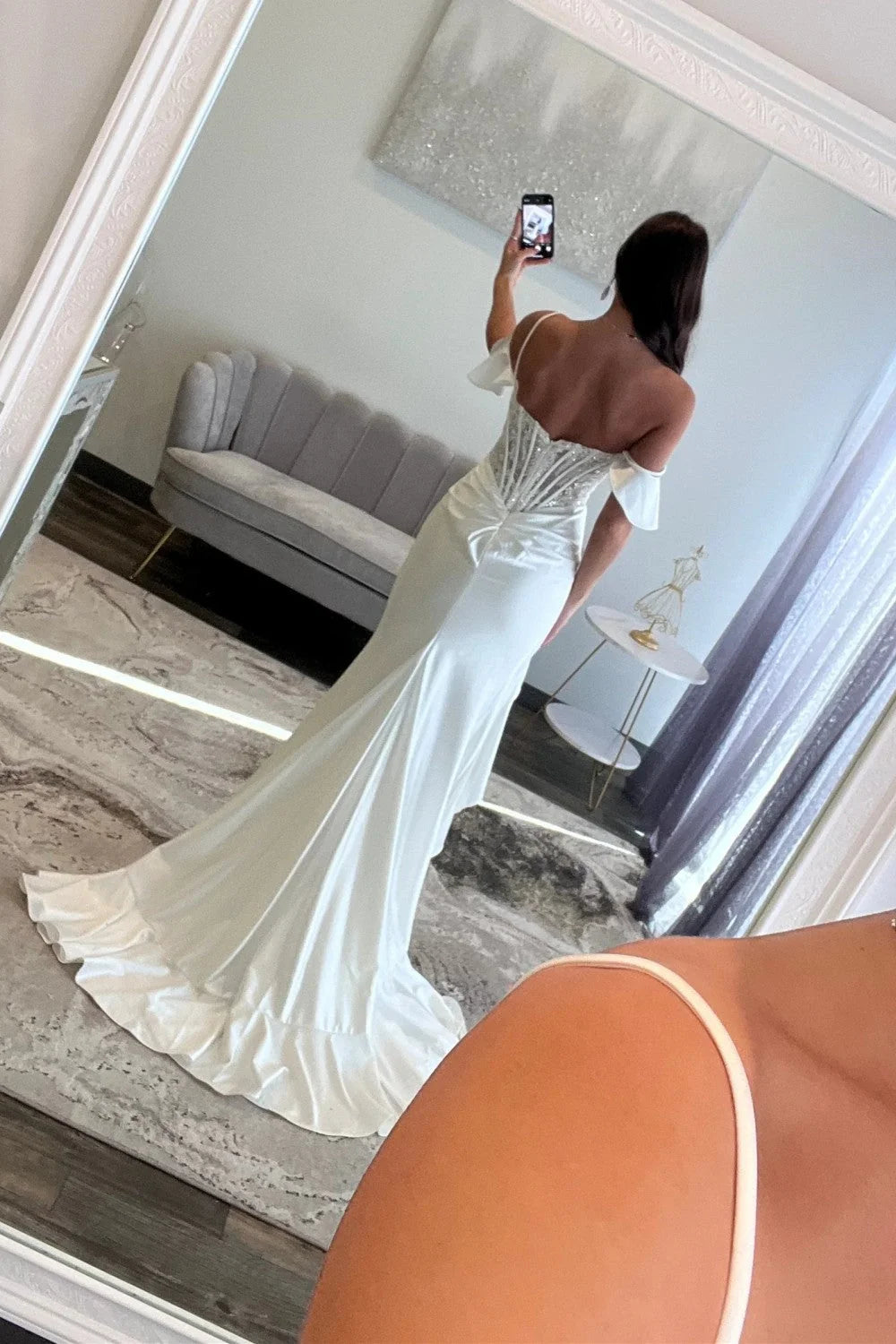 Beautiful Mermaid Off the Shoulder White Corset Prom Dress with Appliques Ruffles SH8137