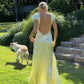 Charming A Line Deep V Neck Light Yellow Long Prom Dress with Open Back SH7781