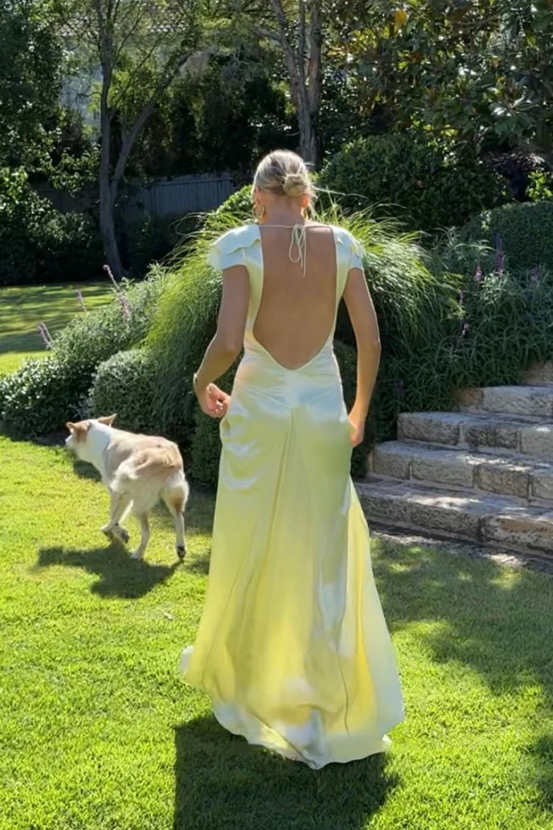 Charming A Line Deep V Neck Light Yellow Long Prom Dress with Open Back SH7781