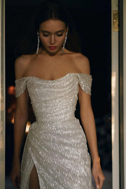 Shiny A Line Off the Shoulder Sequin Long Prom Dress Evening Dress with Slit SH2531