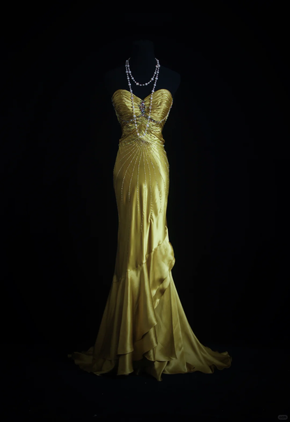 Vintage Mermaid Strapless Beaded Olive Green Satin Prom Dress Wedding Guest Dress SH5334