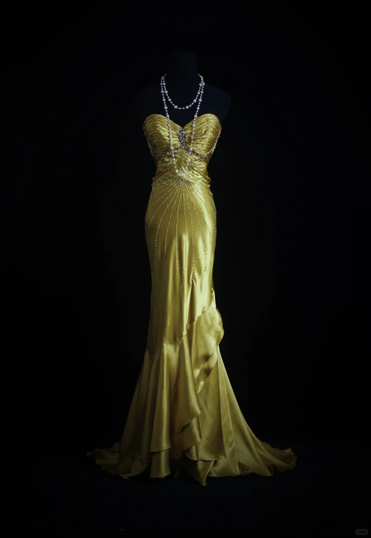 Vintage Mermaid Strapless Beaded Olive Green Satin Prom Dress Wedding Guest Dress SH5334