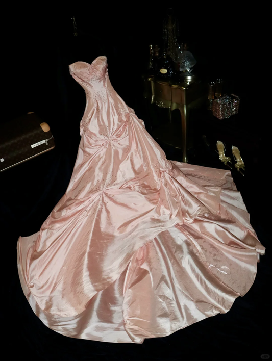 Pink Princess A Line Sweetheart Neck Beaded Satin Long Prom Dress Wedding Guest Dress SH4537