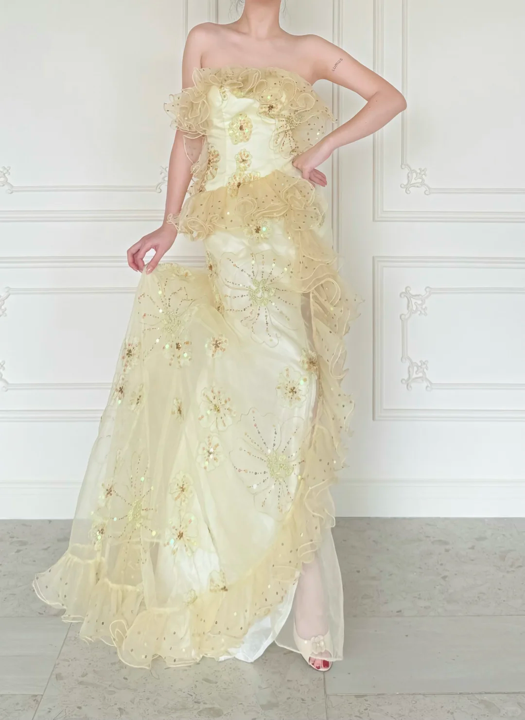 Pretty Mermaid Strapless Shiny Sequin Yellow Organza Slit Prom Dress Evening Dress SH6763