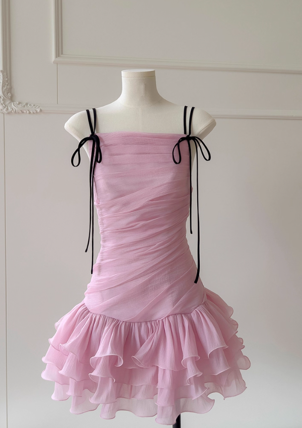 Cute Pink A Line Spaghetti Strap Layered Chiffon Homecoming Dress SH4506