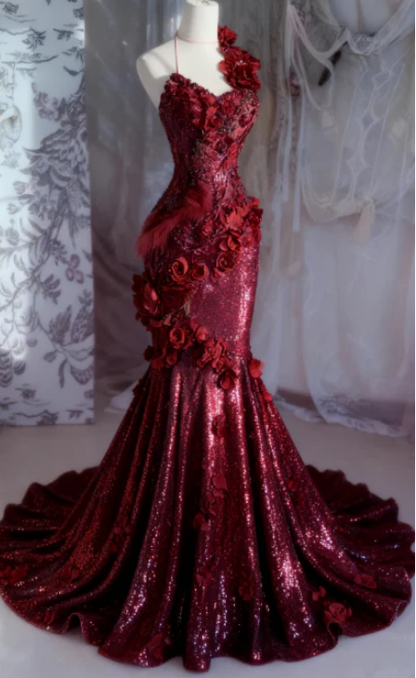 Shiny Burgundy Mermaid Halter Appliques Ruffle Sequin Long Prom Dress SH5426