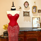 Glamorous Mermaid Strapless Corset Red Satin Sequin Tulle Prom Dress Evening Dress SH7366