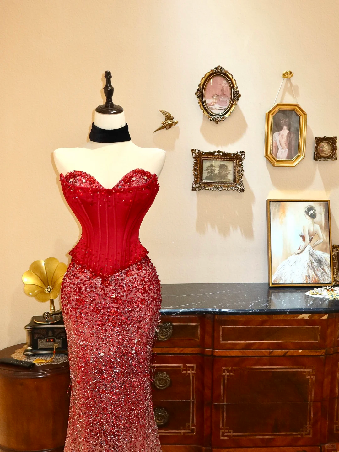 Glamorous Mermaid Strapless Corset Red Satin Sequin Tulle Prom Dress Evening Dress SH7366