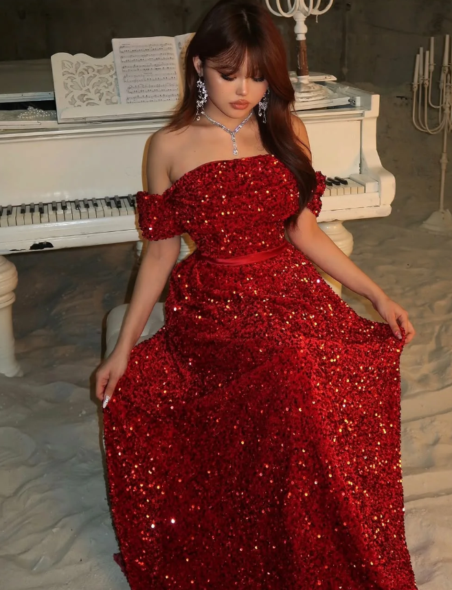 Shiny A Line Off the Shoulder Sequin Long Prom Dress Evening Dress SH7313