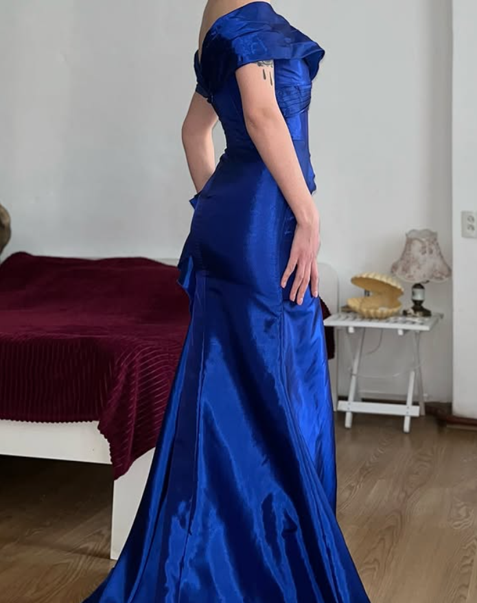 Vintage Royal Blue Mermaid V Neck Satin Slit Prom Dress Evening Dress Date Dress SH5635