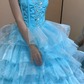 Blue Vintage Ball Gown Strapless Beaded Layered Organza Satin Long Prom Dress 16th Birthday Dress SH5213