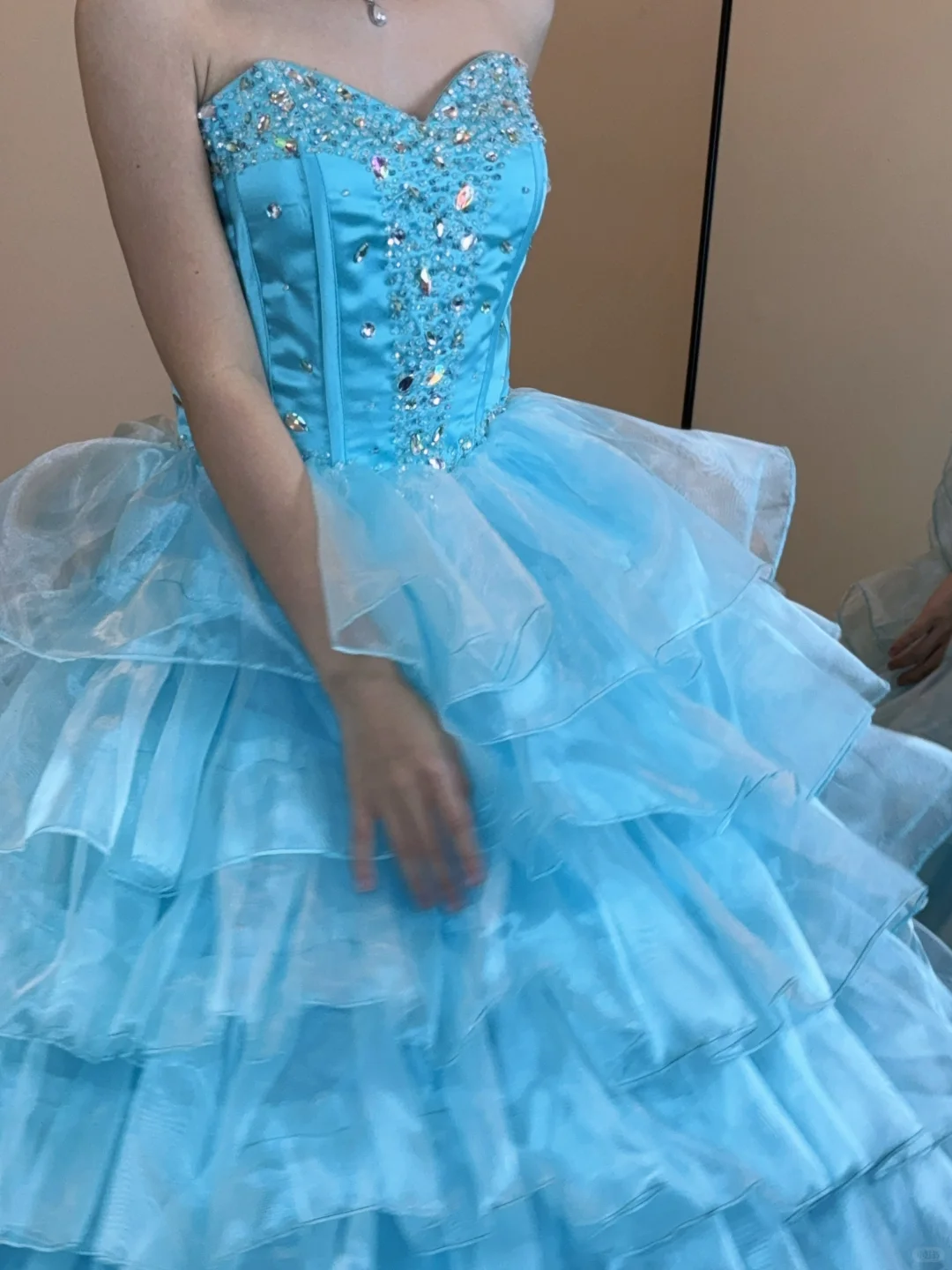 Blue Vintage Ball Gown Strapless Beaded Layered Organza Satin Long Prom Dress 16th Birthday Dress SH5213