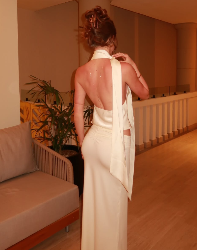 Two Piece Sheath Halter White Satin Long Prom Dress Evening Dress SH7566