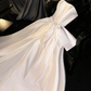 Simple A Line Off the Shoulder White Satin Long Party Dress Birthday Dress with Bow SH2909